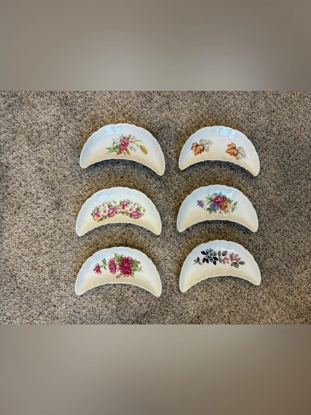 Set Of 6 CMI Inc Chadwick Japan Crescent Shape Porcelain Floral Bone Dishes VTG